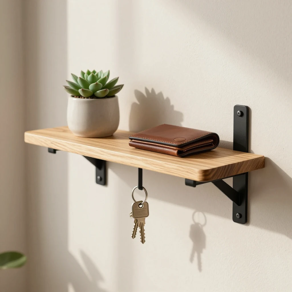 AirShelf V2 — minimal solid pine floating shelf with matte black brackets, styled with a succulent and leather wallet