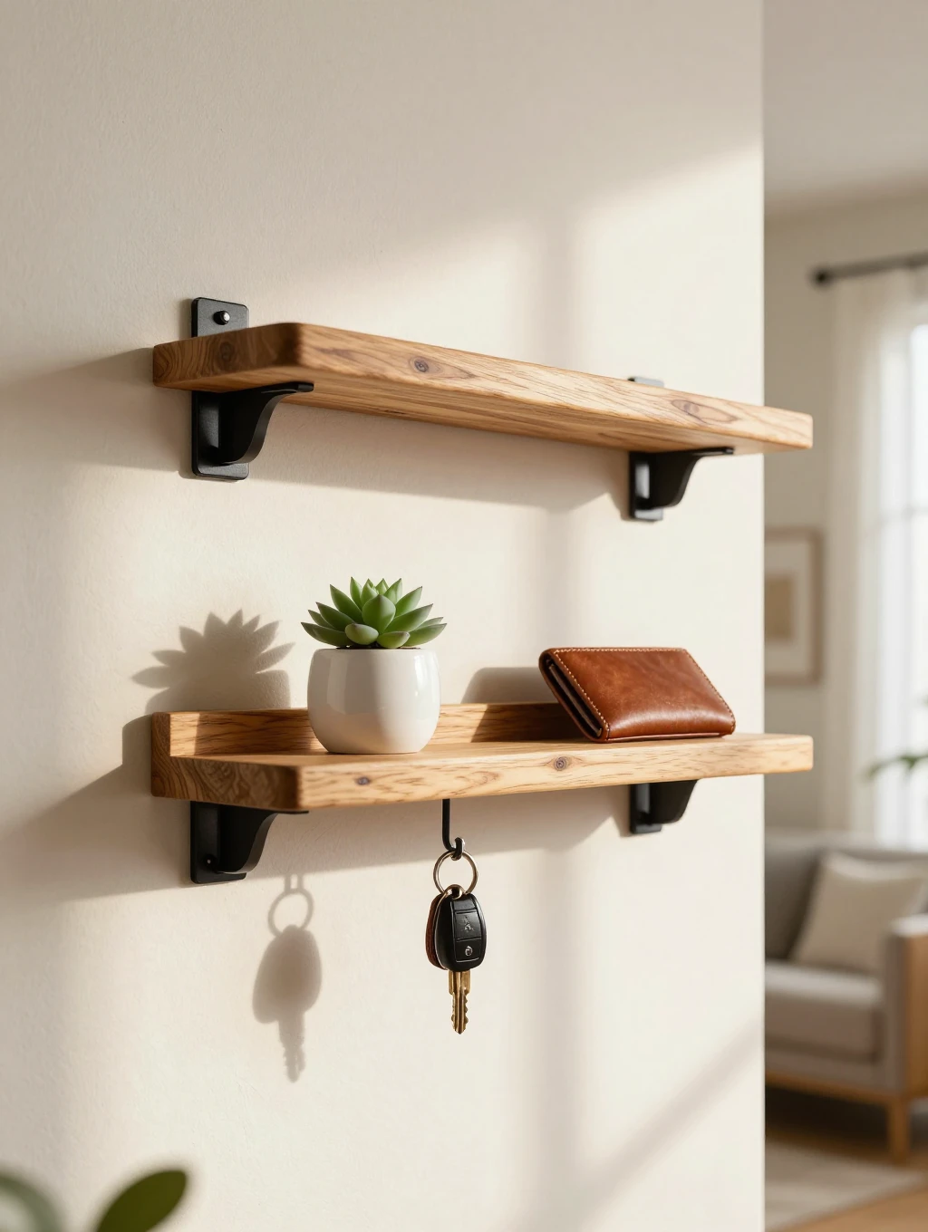 Two pine floating shelves on a bright wall with a succulent and a wallet