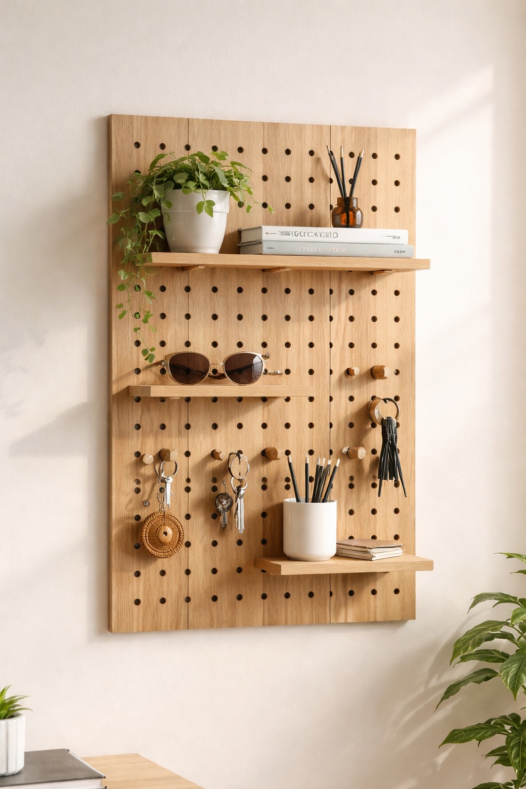 Grid V3 — modular pine wall pegboard with small shelves, plant, sunglasses, key rings and pencils