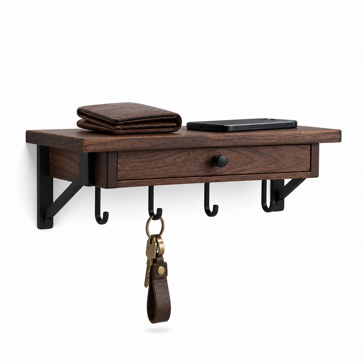 DECIYA KeyDock V2 product shot — solid walnut shelf with hidden drawer and five matte black ring hooks on a clean off-white background