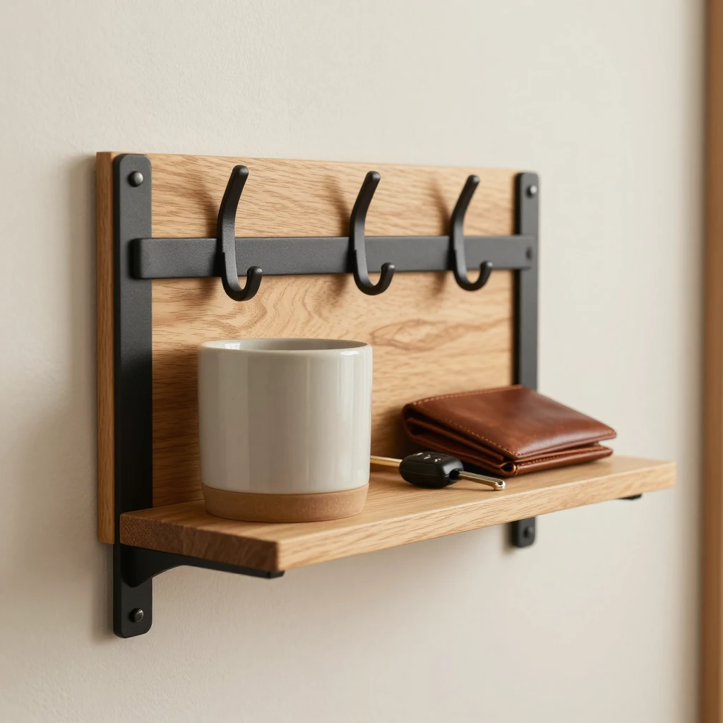 Close detail of the matte black hook rail with a ceramic cup and a leather wallet on the walnut shelf