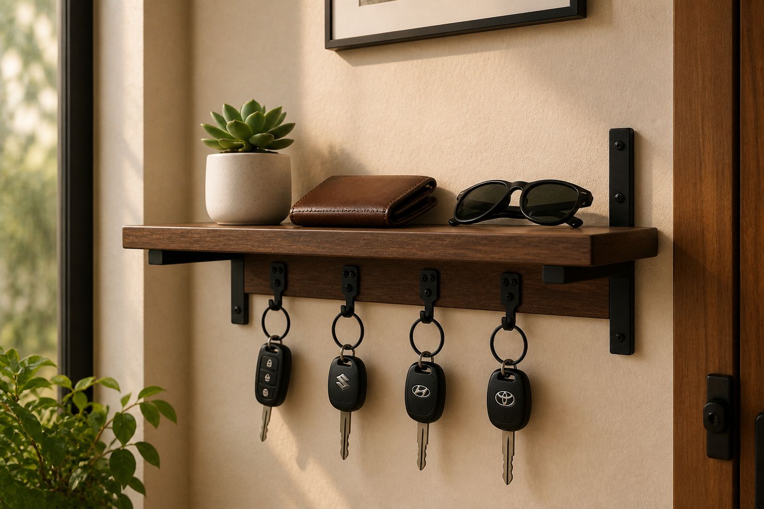 DECIYA KeyDock V2 mounted in an entryway — walnut shelf with succulent, wallet and sunglasses above a black hook rail holding four car keys