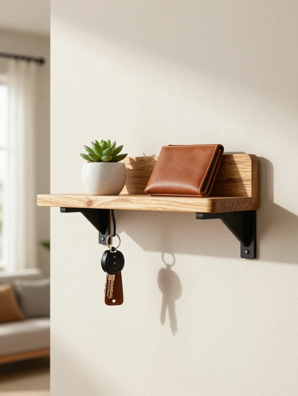 Floating wood shelf with succulent and wallet, key hanging from underside